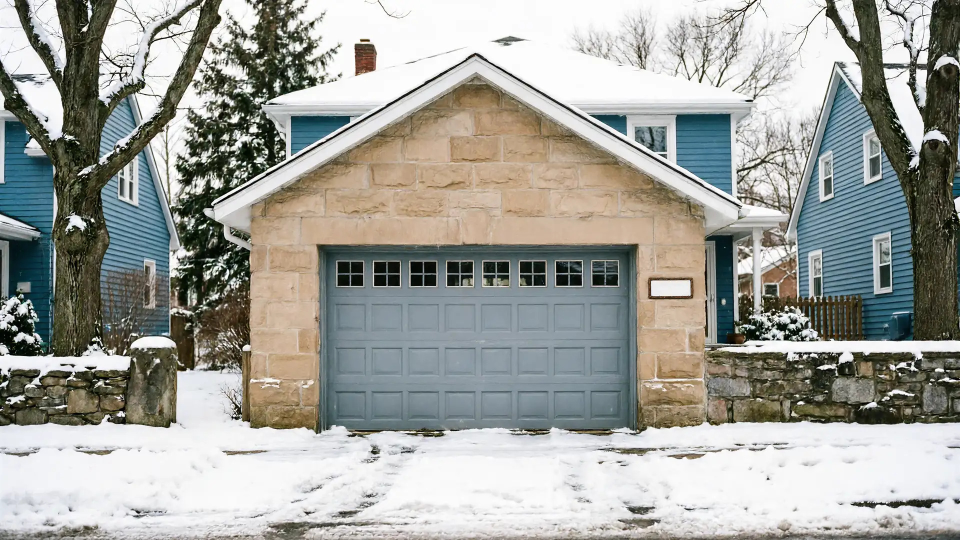 A gray garage door with windows on a stone house in the snow.