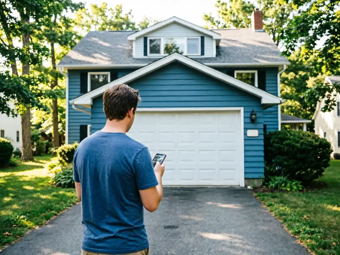 A man stands in a driveway looking at his phone in front of a blue house.